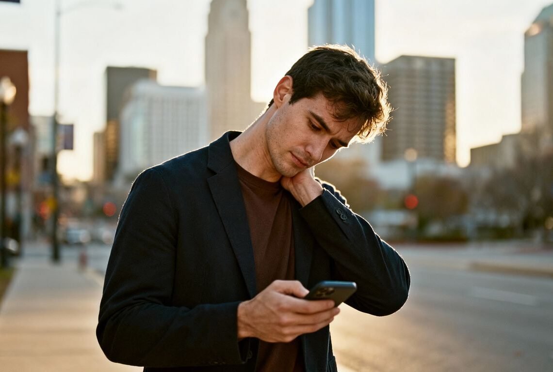 Person with tech neck looking at phone in Atlanta.